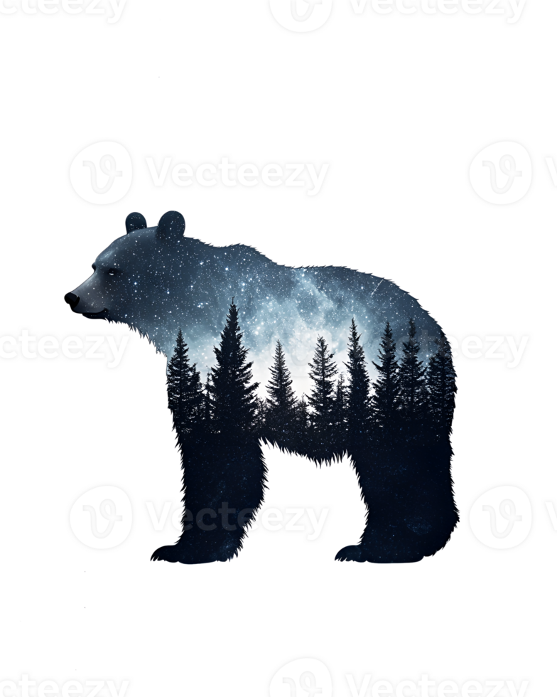 A starry night sky and tall pine trees carved into the body of a bear Background png