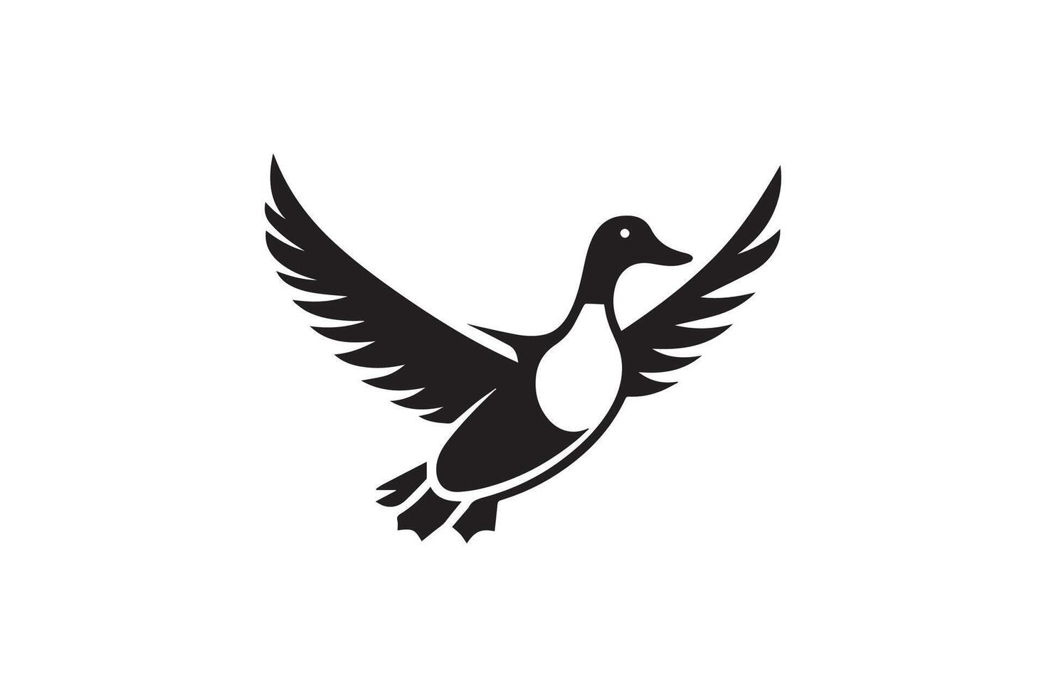 A black and white logo of a flying duck vector