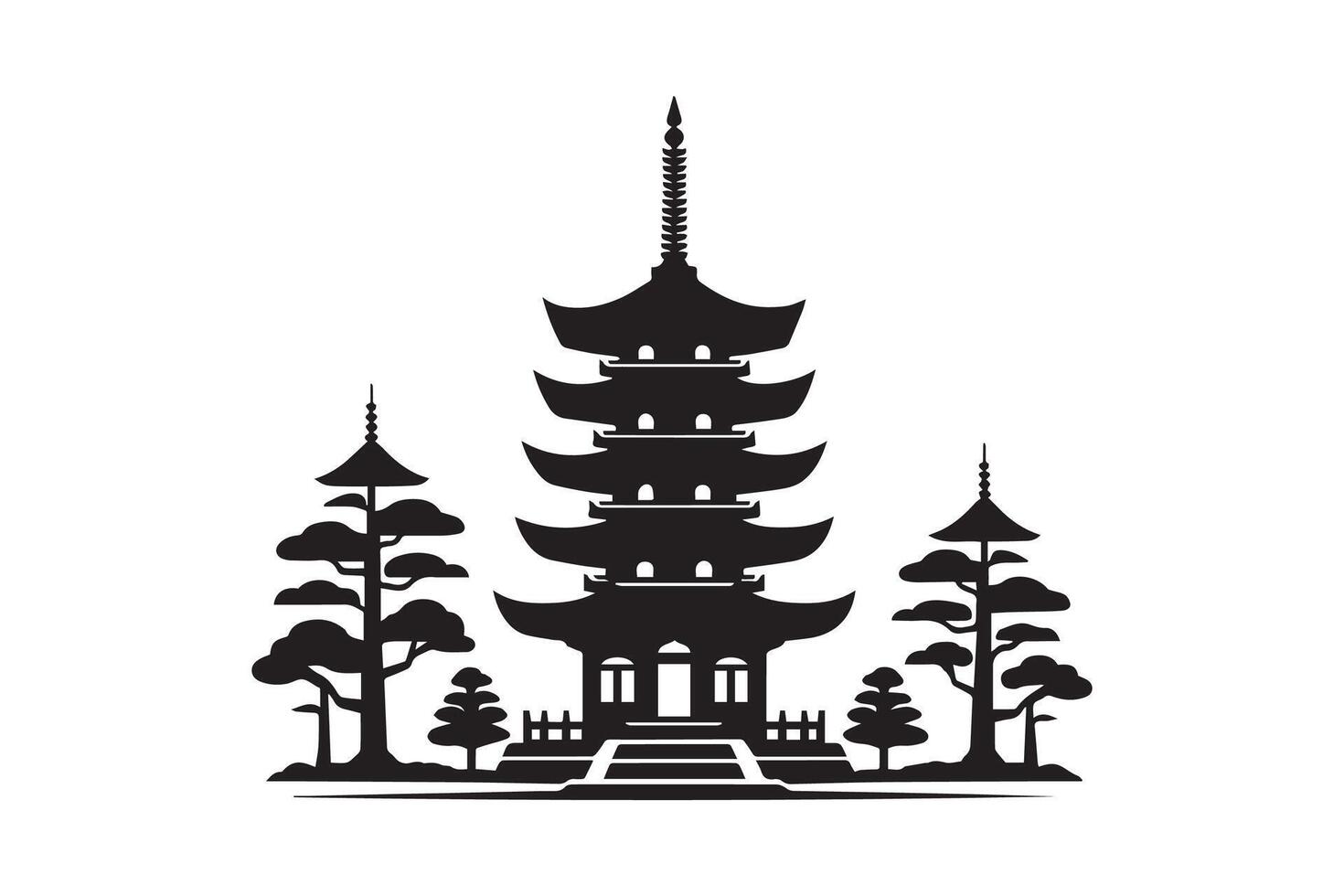 A black and white illustration of a pagoda and trees vector