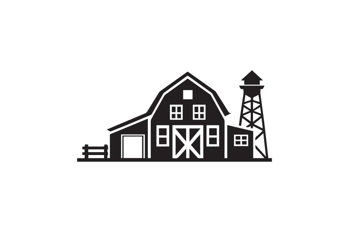 A black and white illustration of a barn and a light post vector