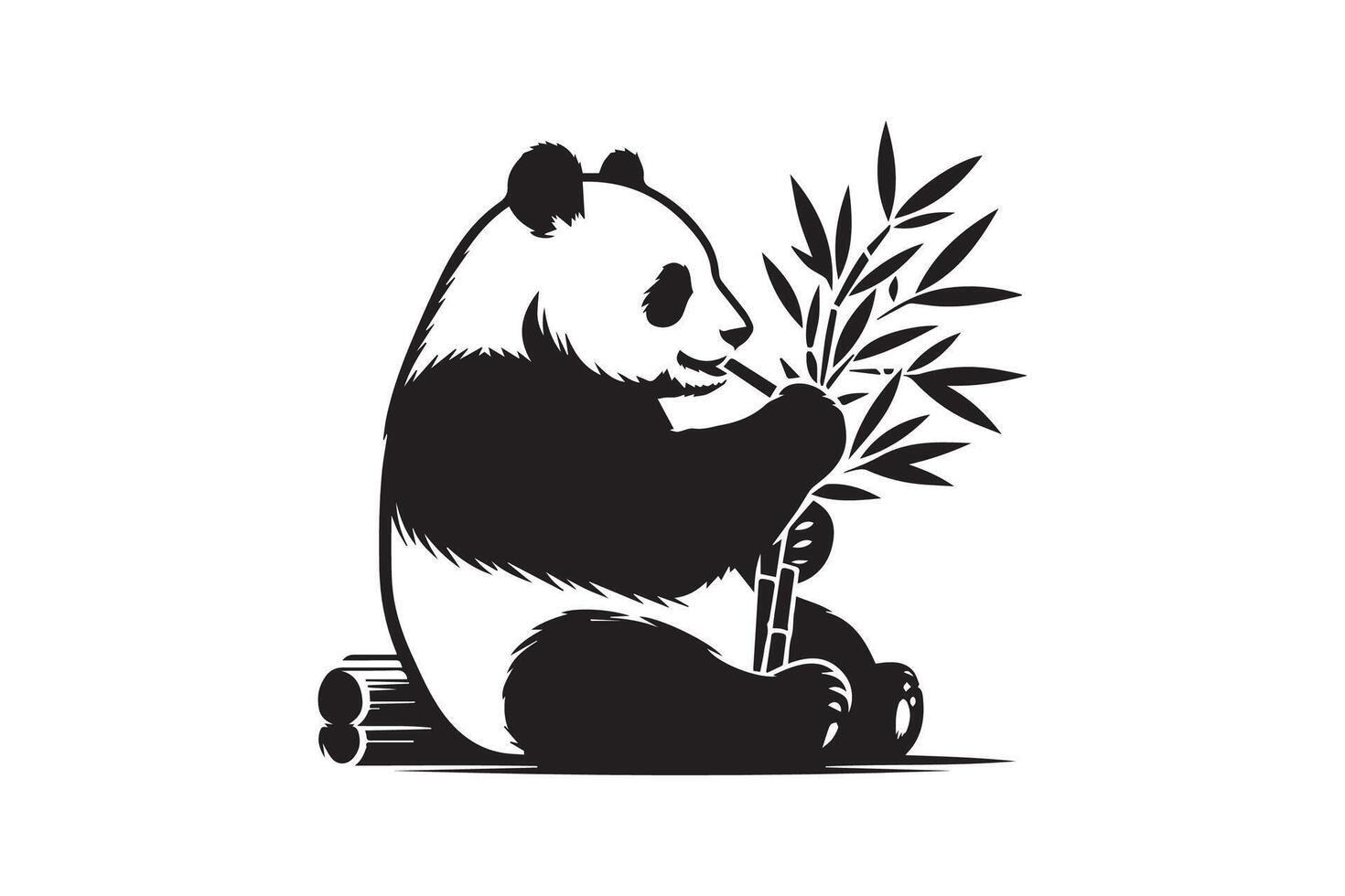 A panda bear sitting on a log with bamboo leaves vector