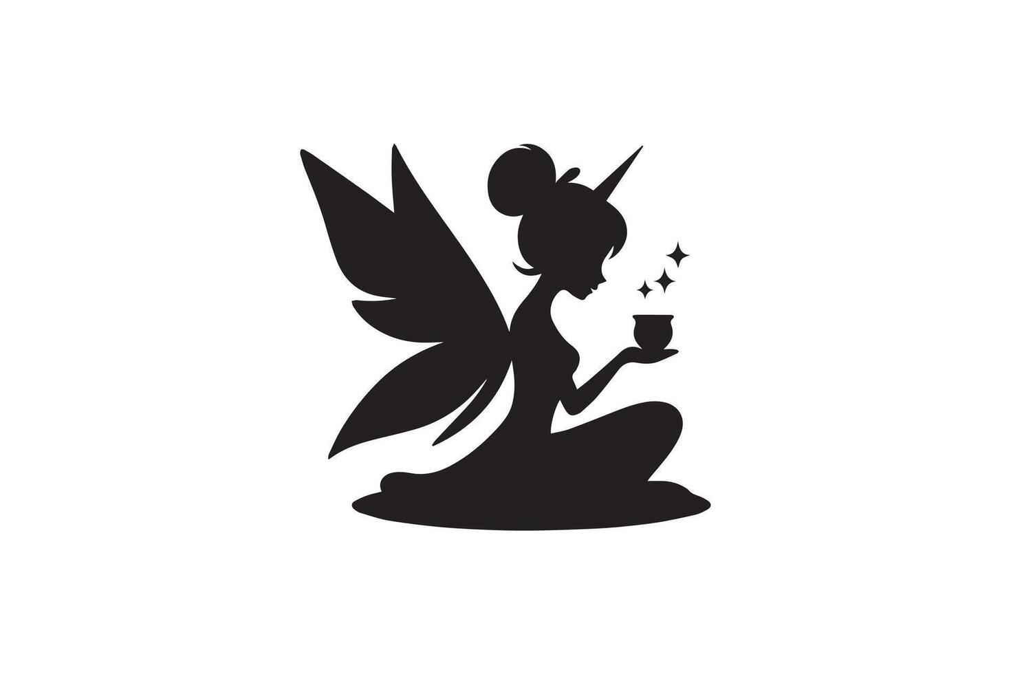 A black silhouette of a fairy holding a cup vector