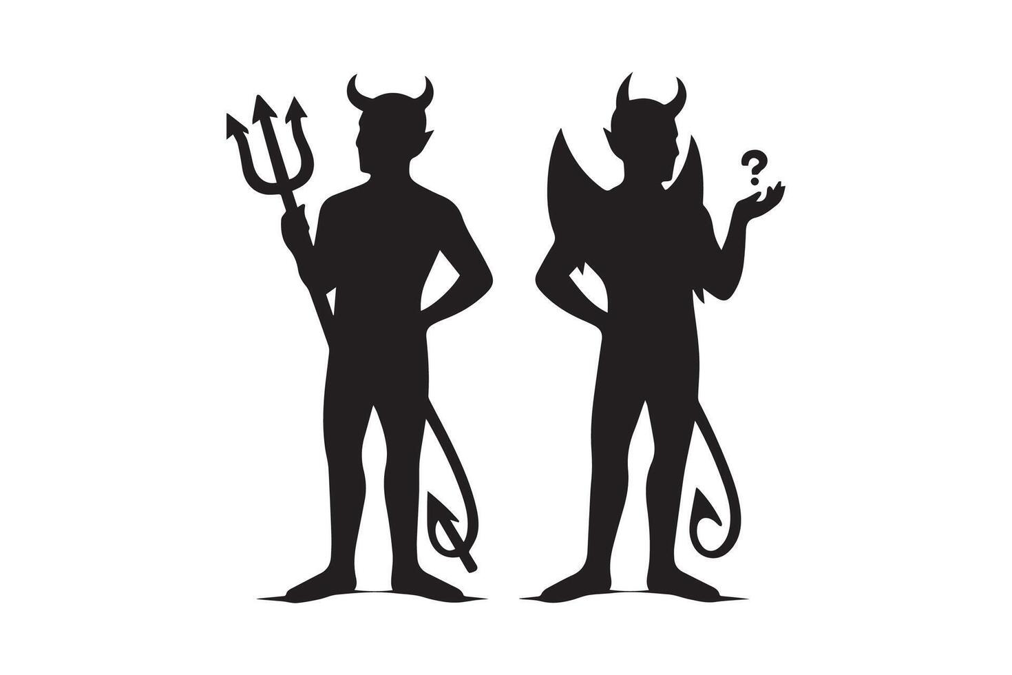 Two devil men standing next to each other, one holding a pitchfork and the other holding a vector