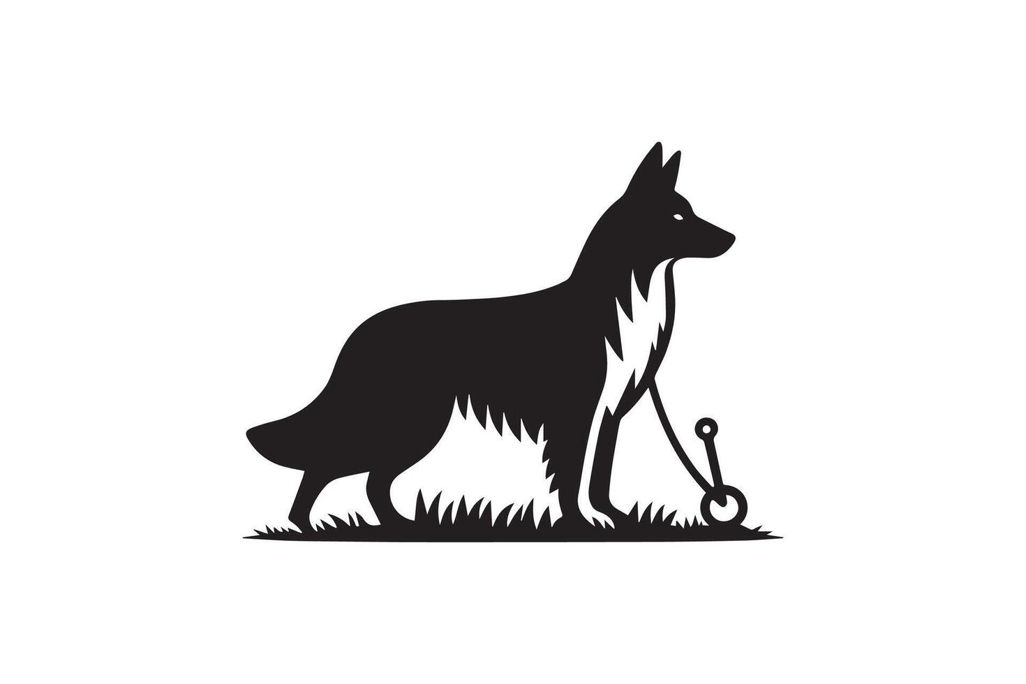 A black and white silhouette of a dog with a chain vector