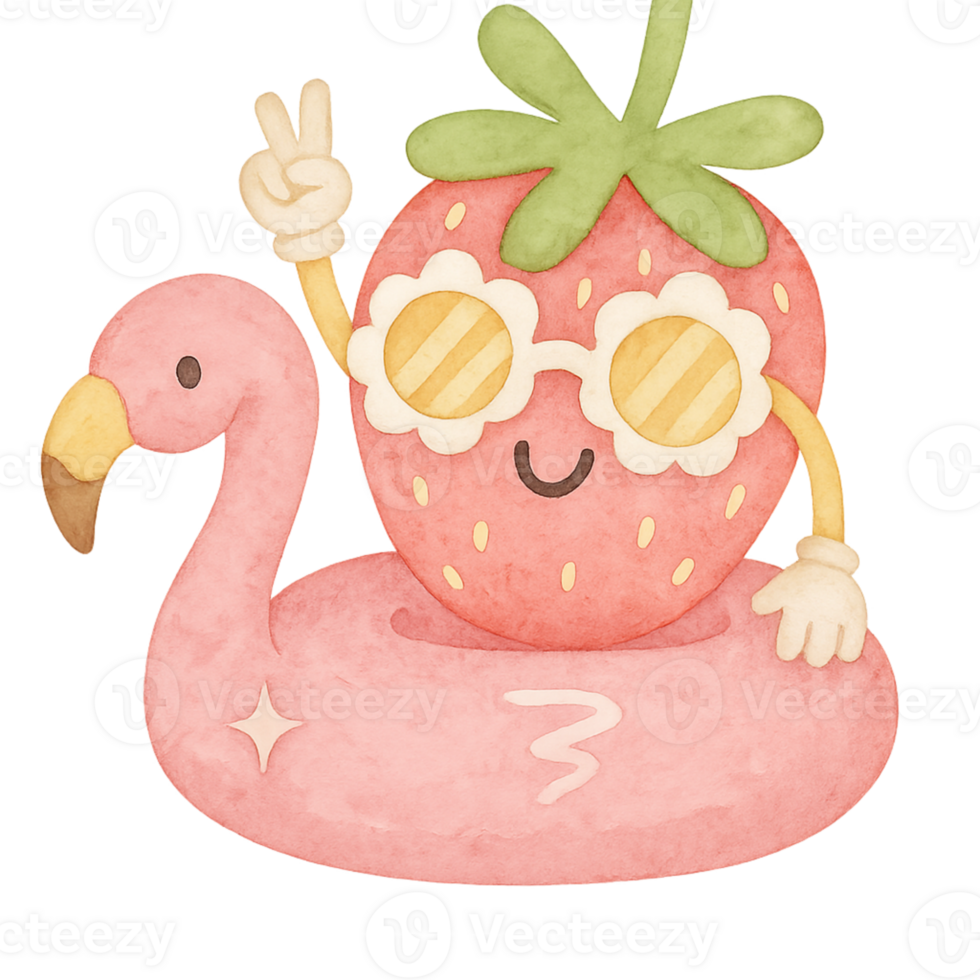A cartoon strawberry wearing sunglasses and holding a flamingo png