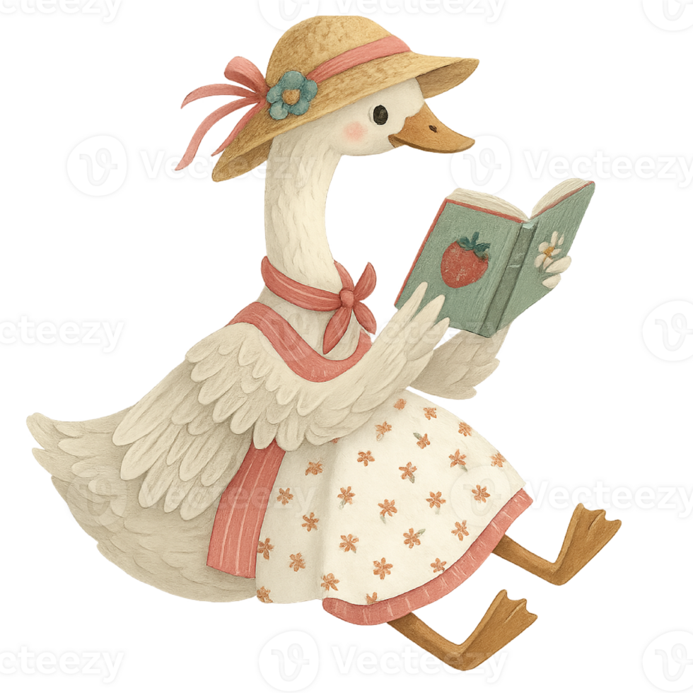 A white duck with a hat and dress reading a book png