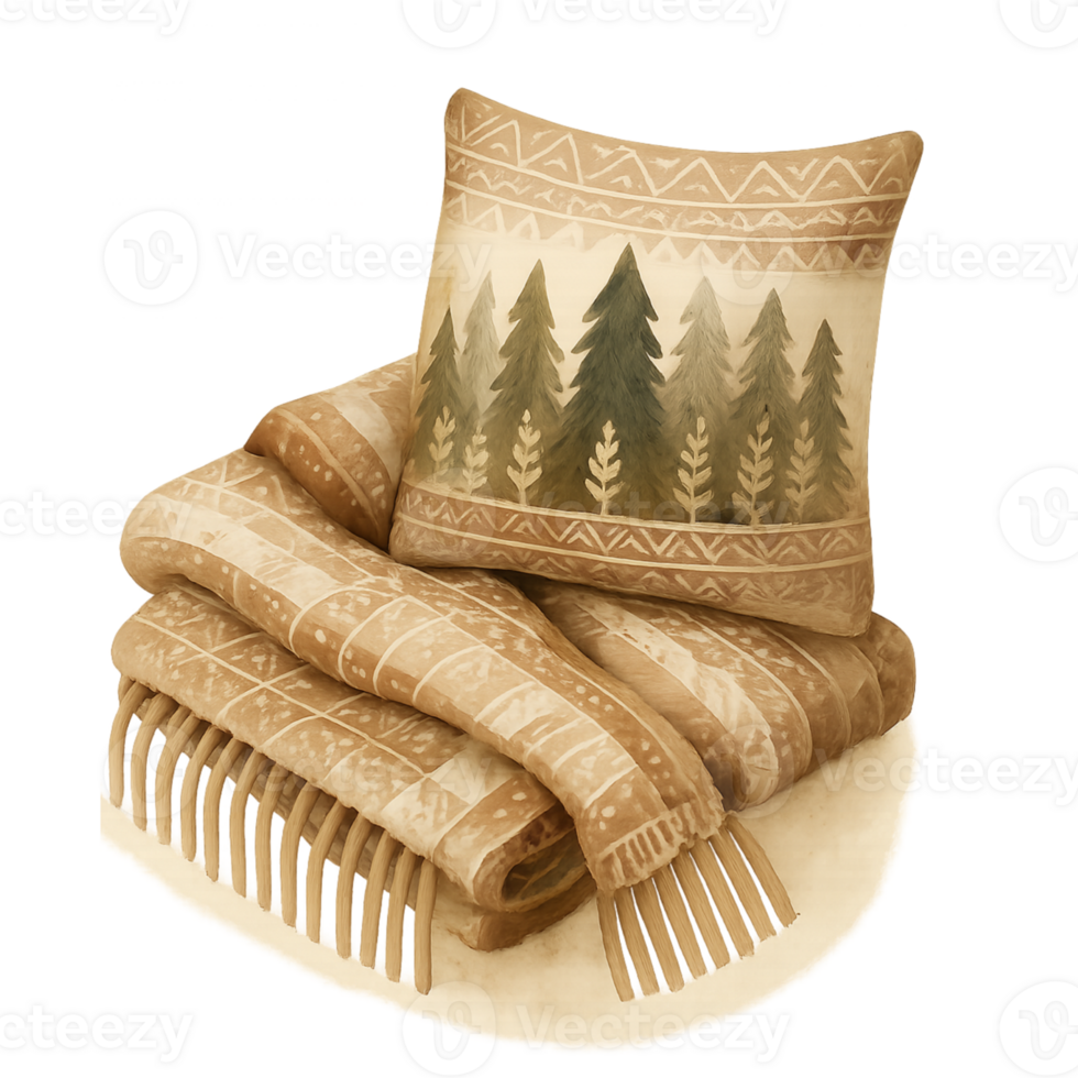 A pillow with a blanket and a tree pattern png