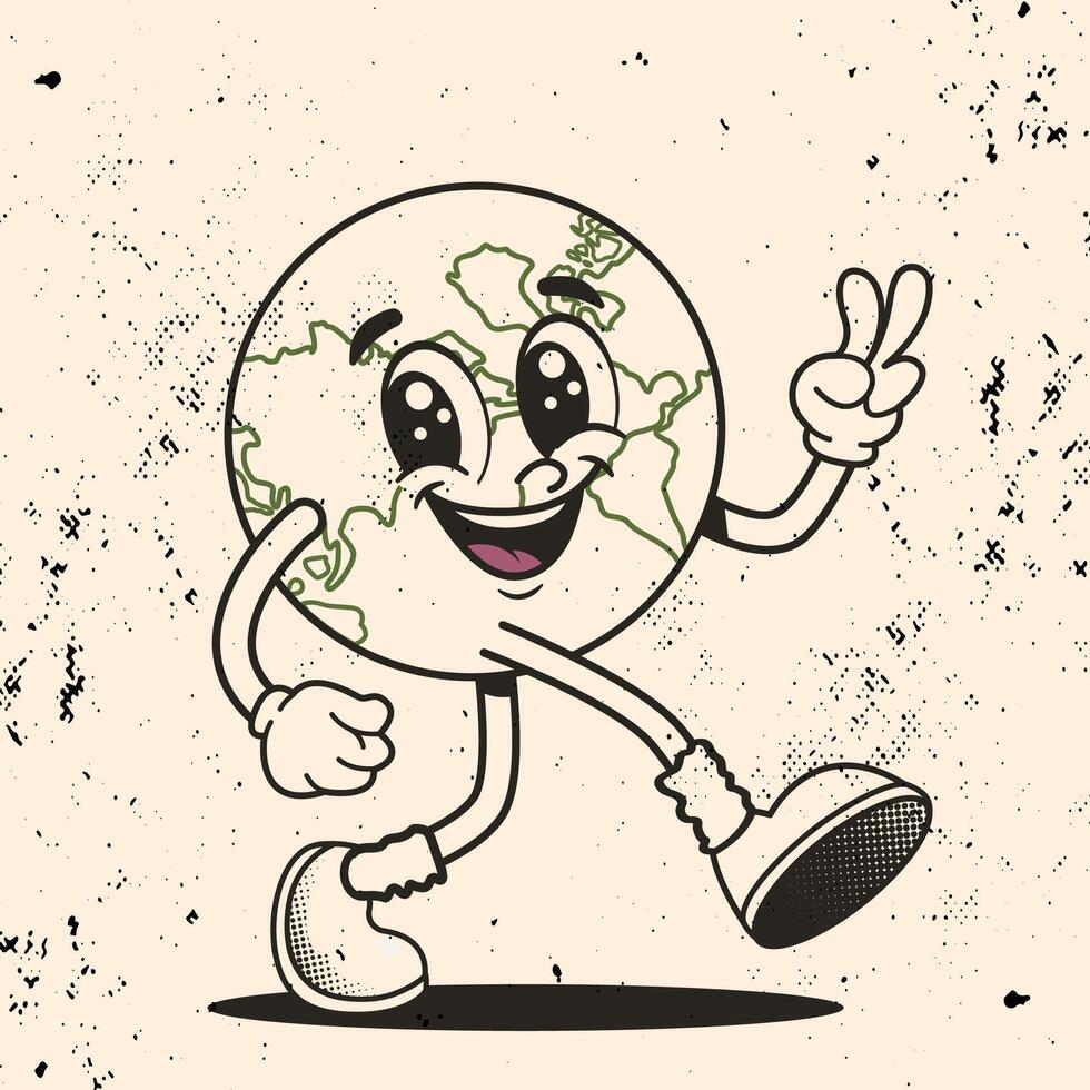 Planet Earth retro mascot with heartwarming smile and peace gesture. Surrounded by grunge vintage texture and Love Our Planet message perfect for Earth Day or eco posters. vector