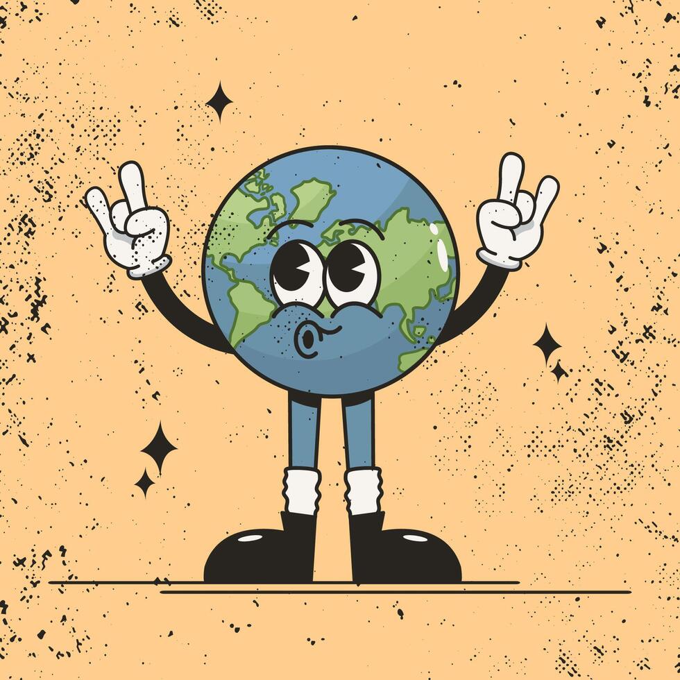 Stay groovy love the Earth retro bold cartoon Earth with peace signs and grunge style text creating a 70s vibe for environmental awareness eco designs and sustainability art vector