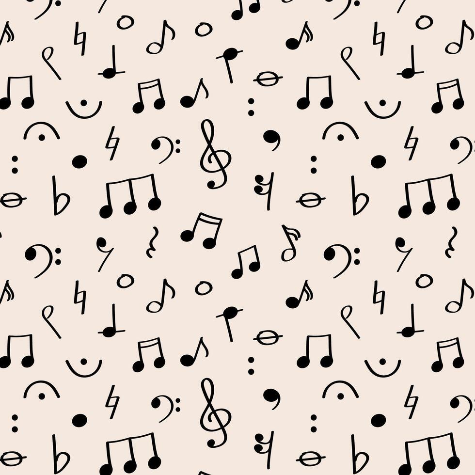 Hand drawn pattern with music notes and rests for Global Music Events. pattern with playful hand drawn music elements on pastel background. Ideal for posters, wraps, or fabric. vector