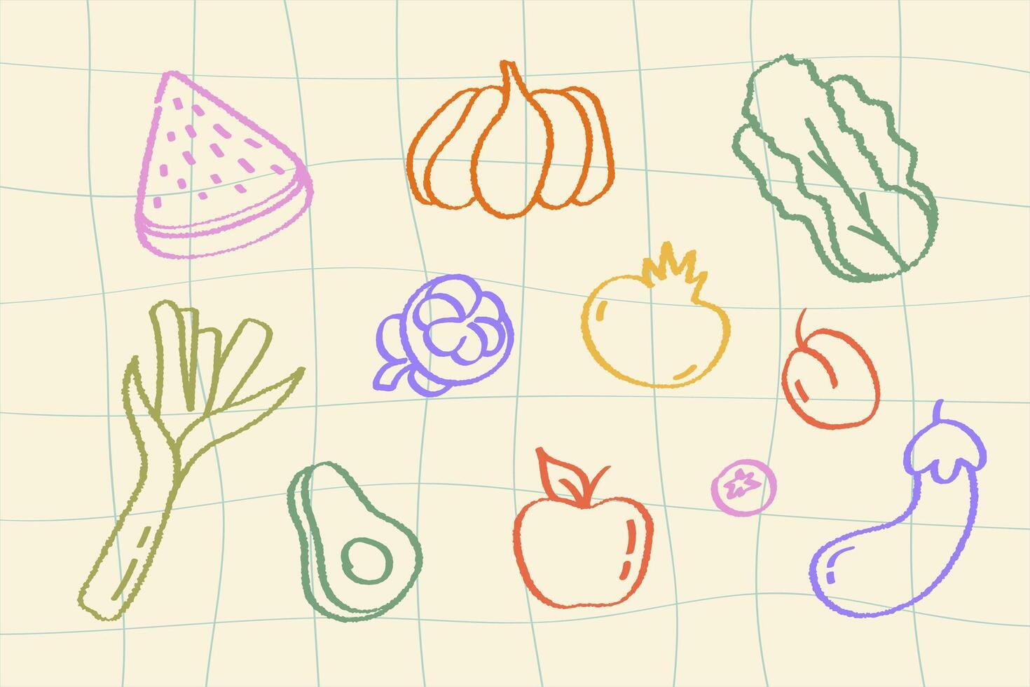 Set of sketches of vegetables and fruits, colorful collection of hand drawn doodles on beige textured background. vector