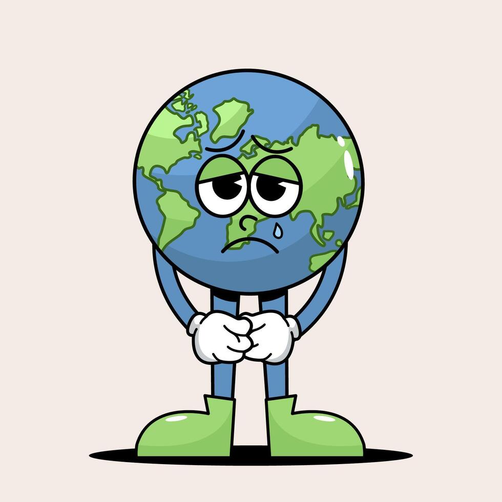 Sad cartoon Earth holding hands under Save the Planet slogan in retro style groovy design for eco-awareness and sustainability themes vector
