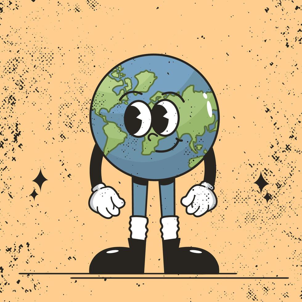 Retro Earth Day cartoon character with cute face and boots standing proudly under Earth Day Everyday phrase vintage 70s design with eco message for environmental celebration vector