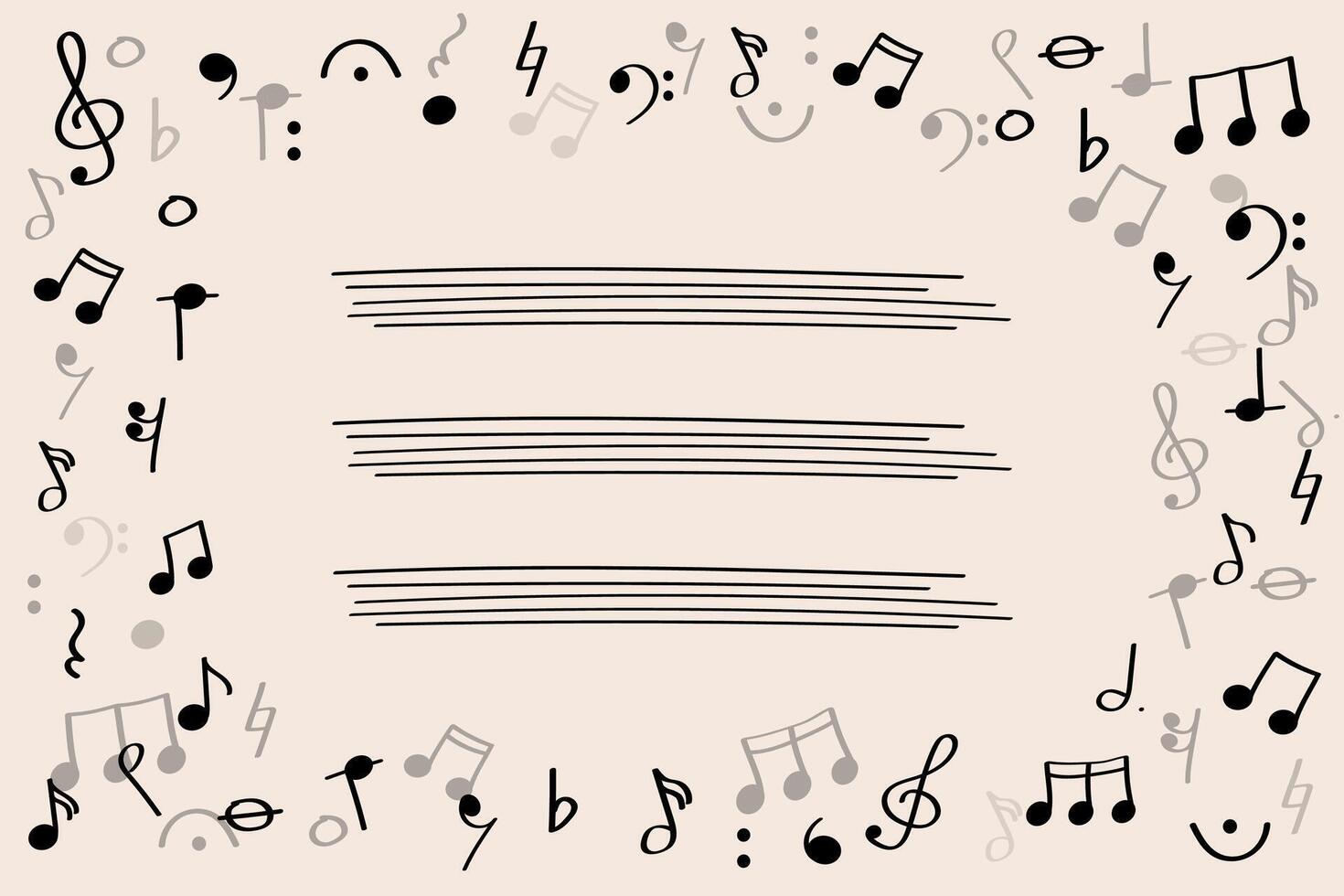 Music frame with notes and symbols on pastel background for World Music Day or Jazz Day. Hand drawn music symbols in doodle style forming a creative frame on soft pastel background. vector