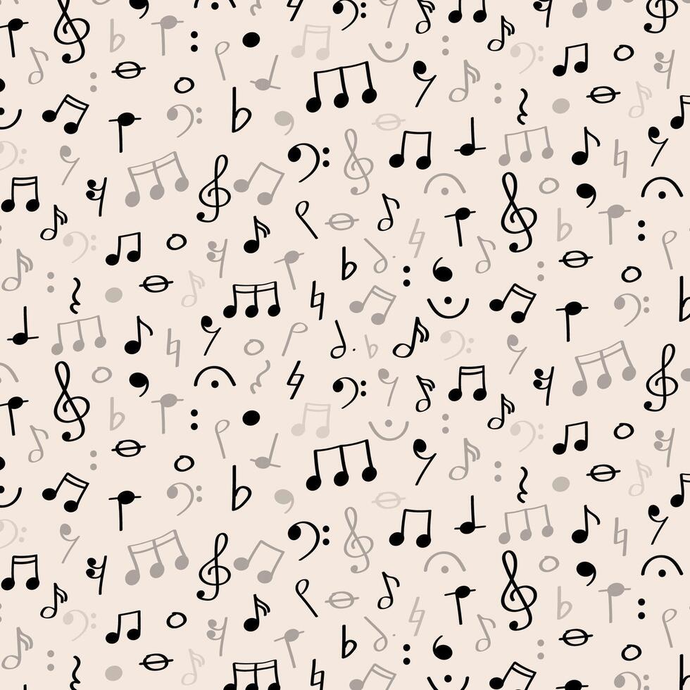 Dense pattern of music notes and symbols for World Music Day or Education Month. Busy pattern featuring small musical icons in black on soft background. Ideal for music themed produc vector