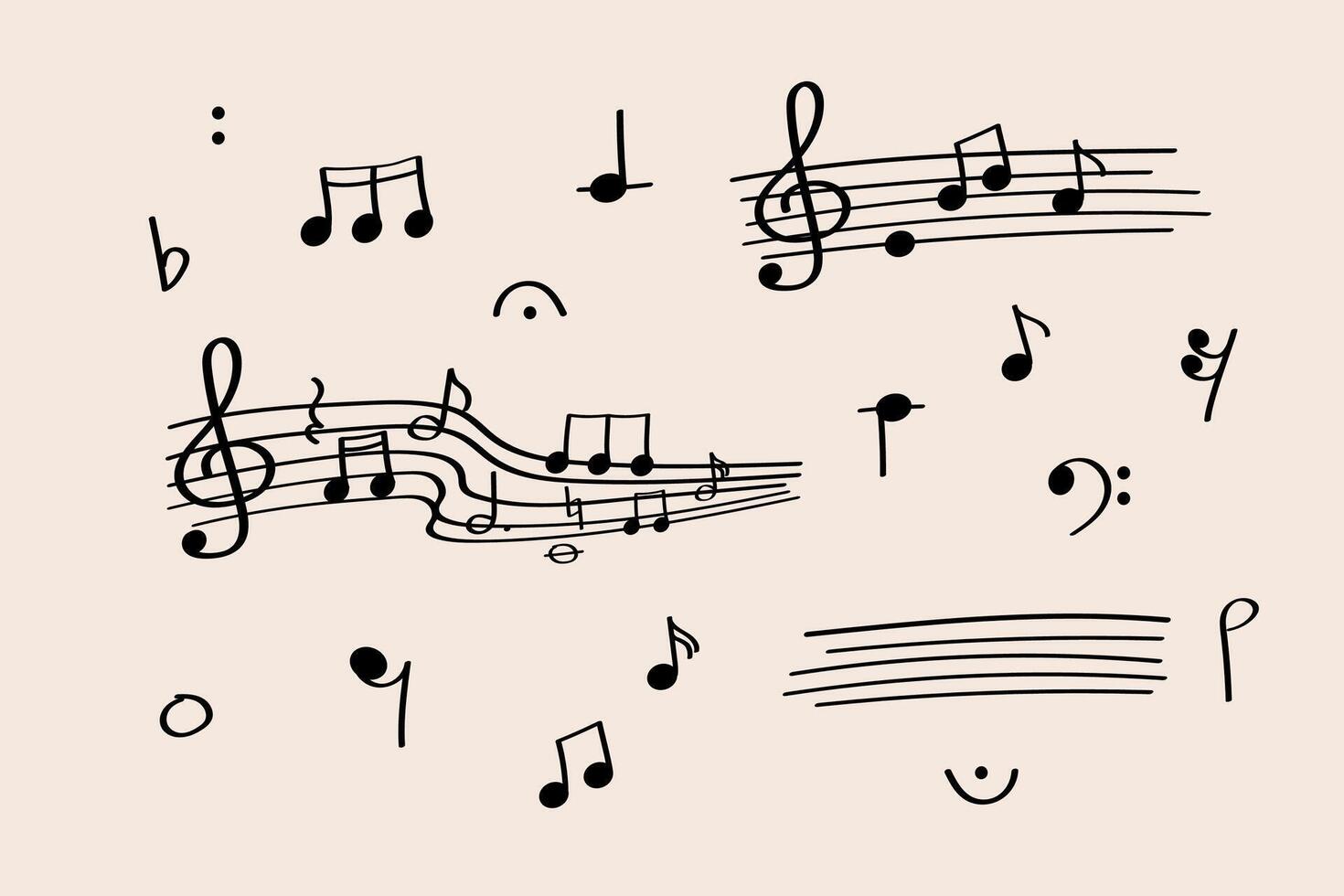 Music notes and flowing staff lines on a pastel background for Music Day or Piano Day. Dynamic composition of notes and staff elements in a hand-drawn doodle style. Perfect for Piano Day content. vector