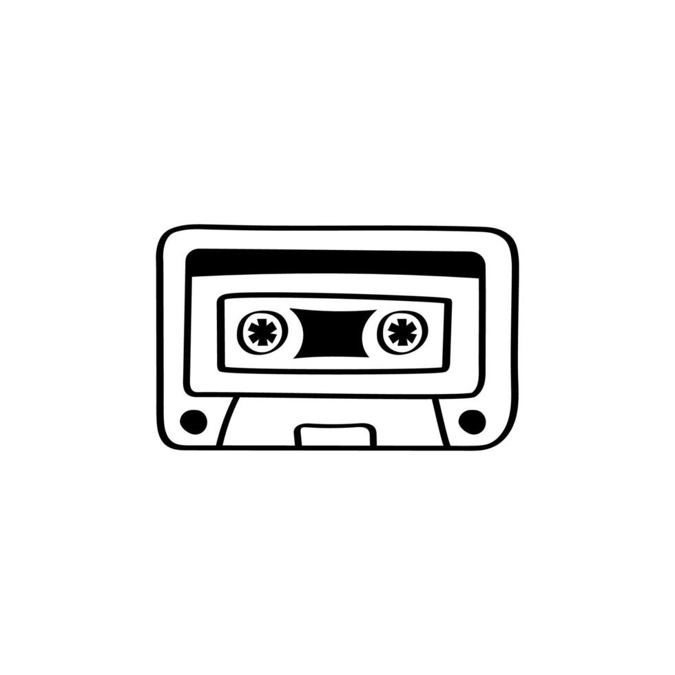 Retro cassette tape doodle for vintage audio and nostalgic music design. Old-school cassette tape icon in hand-drawn style. Perfect for 80s-90s music themes and vintage audio art vector