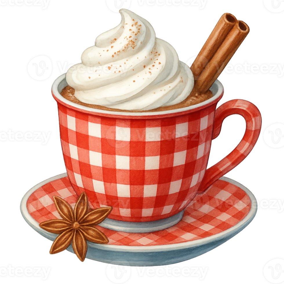 A cup of hot chocolate with whipped cream and cinnamon png