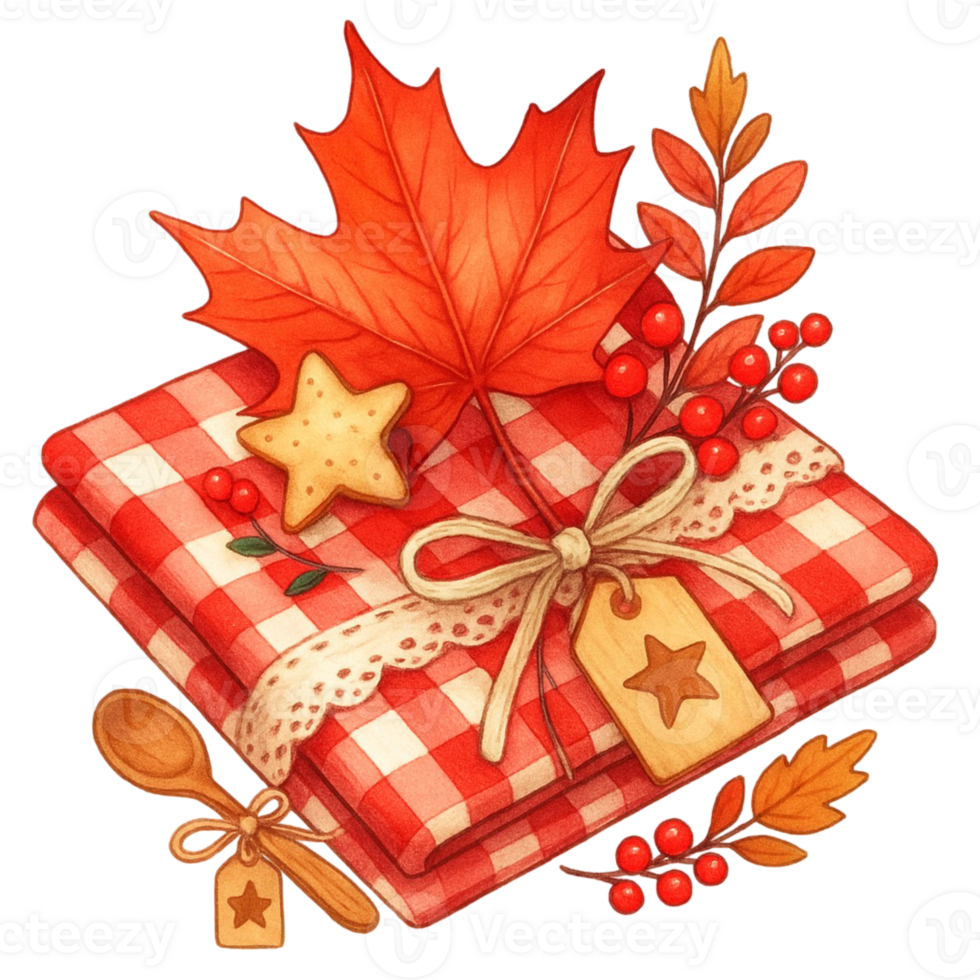 A red and white checkered cloth with a maple leaf and berries png