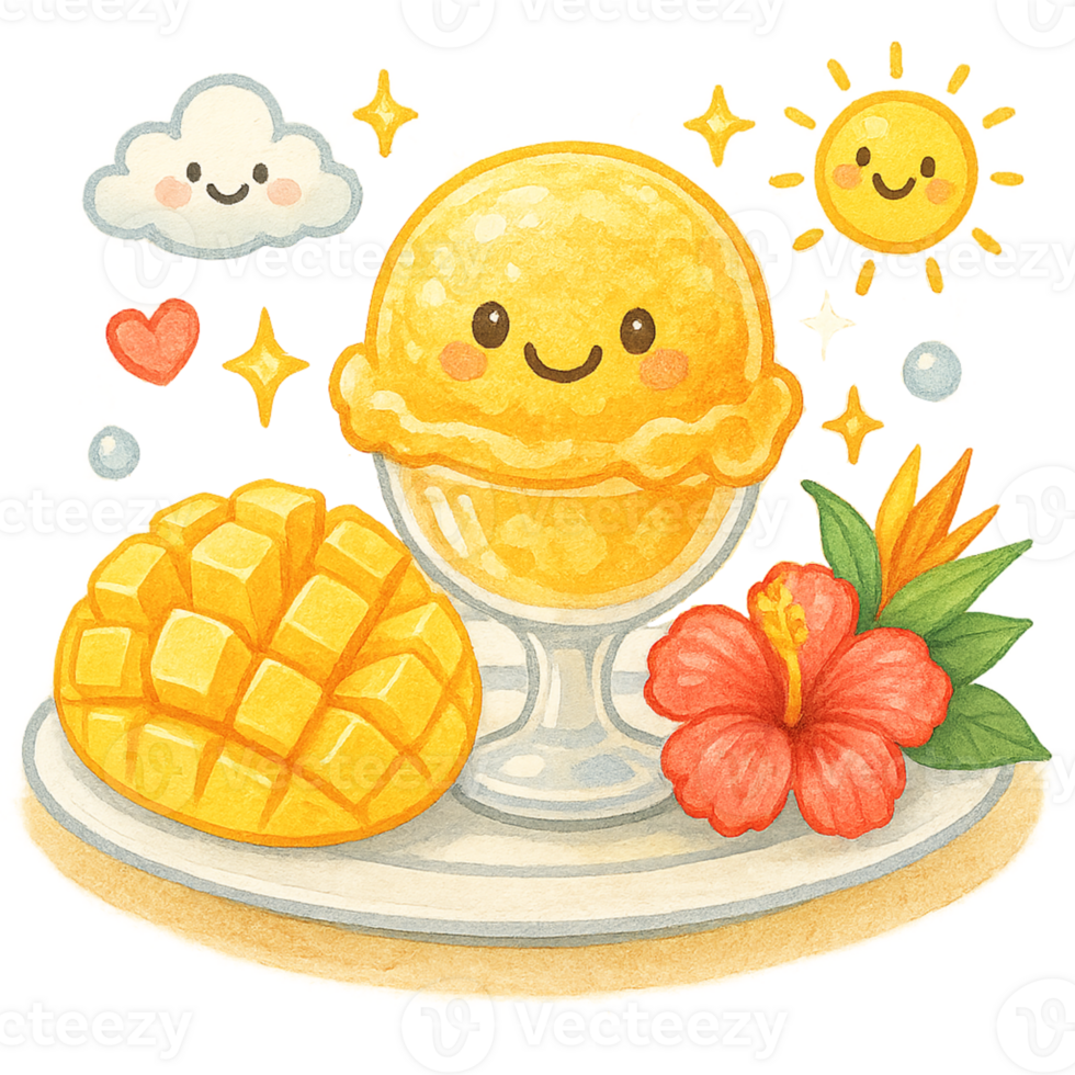 A plate with a mango and a cup of ice cream png