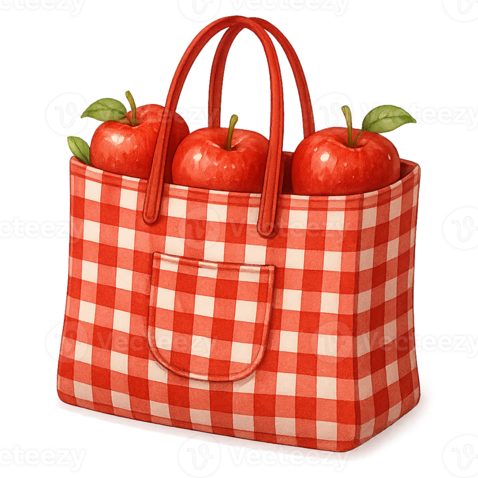 A red and white checkered bag with apples png