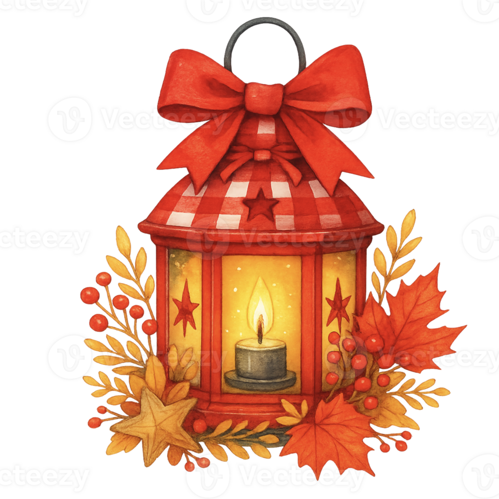 A lantern with a red bow and leaves png