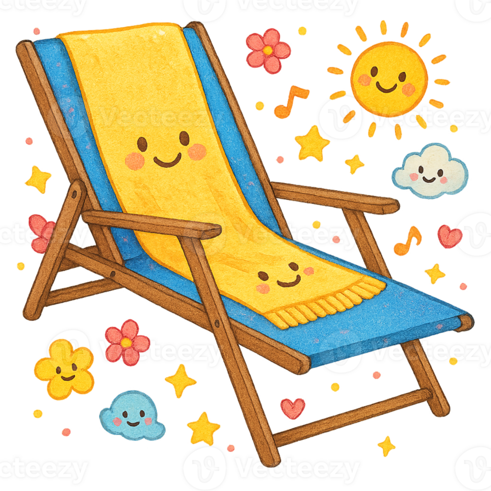 A beach chair with a sun and clouds png