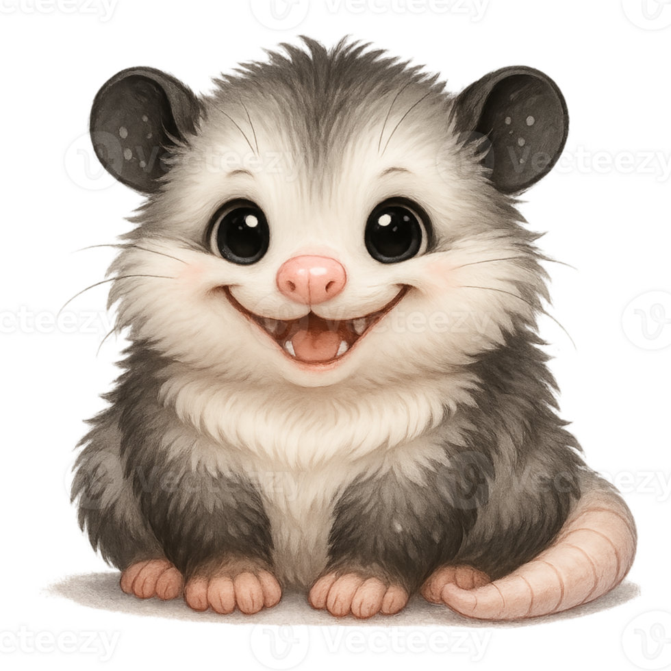 An opossum is smiling and sitting on a white background png