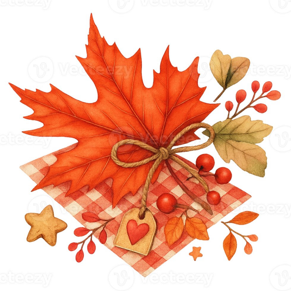 A watercolor autumn leaf with berries and leaves png