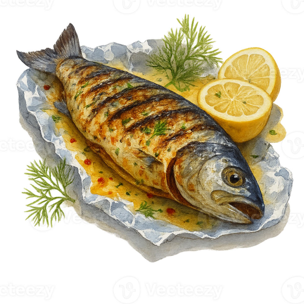 A fish with lemon slices on a plate png
