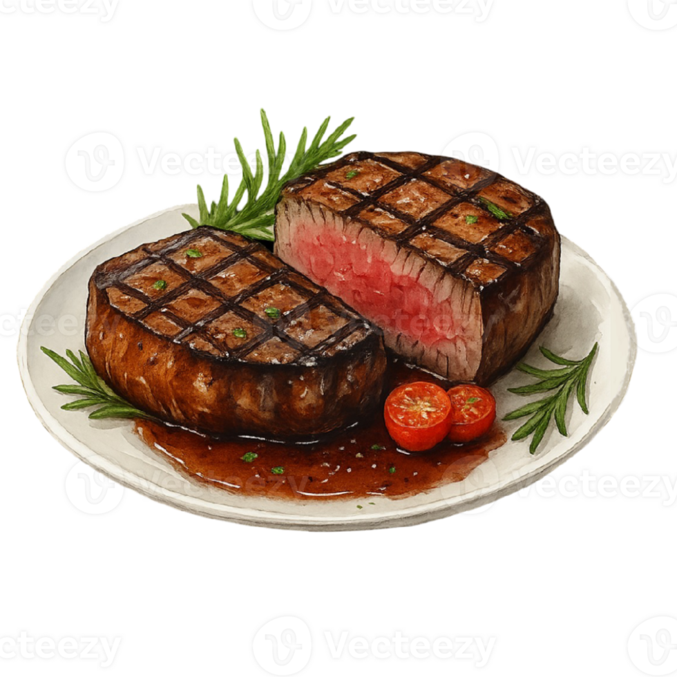 Steak with tomato and rosemary on a plate png