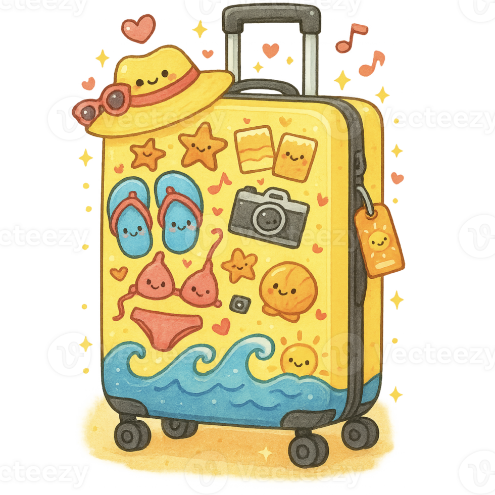 A suitcase with stickers and a beach scene png