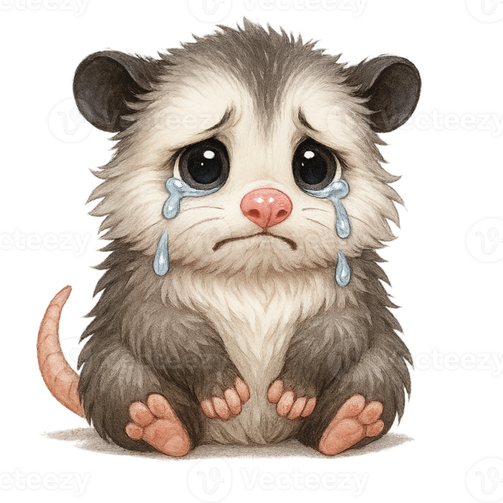 A cute little opossum sitting on the ground with tears on its face png