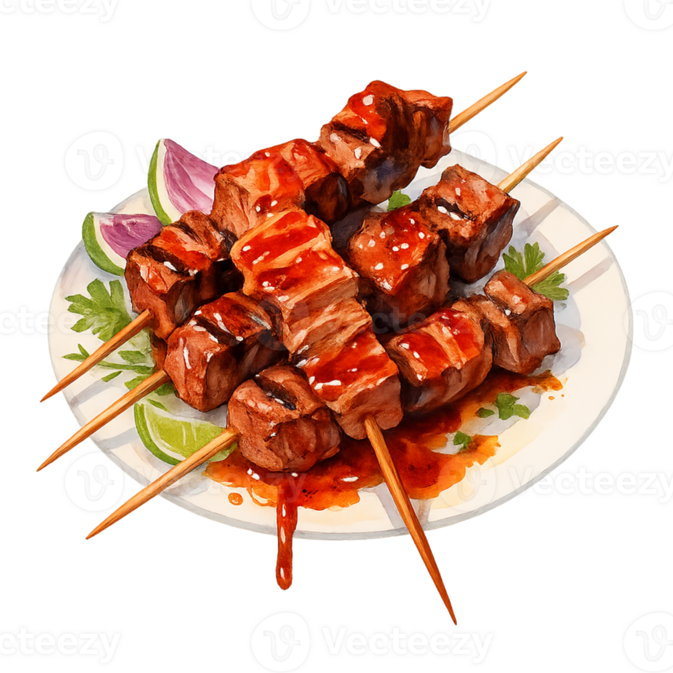 A plate with meat on skewers and a slice of lime png