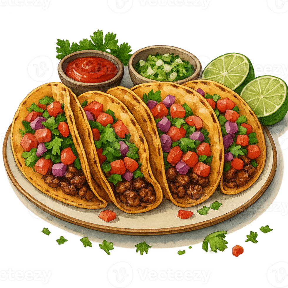 Tacos with meat and vegetables on a plate png