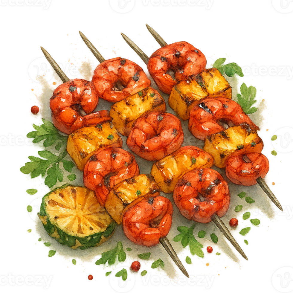 A drawing of shrimp and pineapple on skewers png