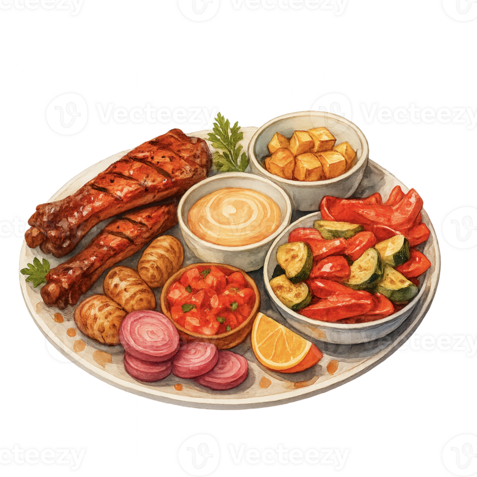A plate of food with meat, vegetables and dip png