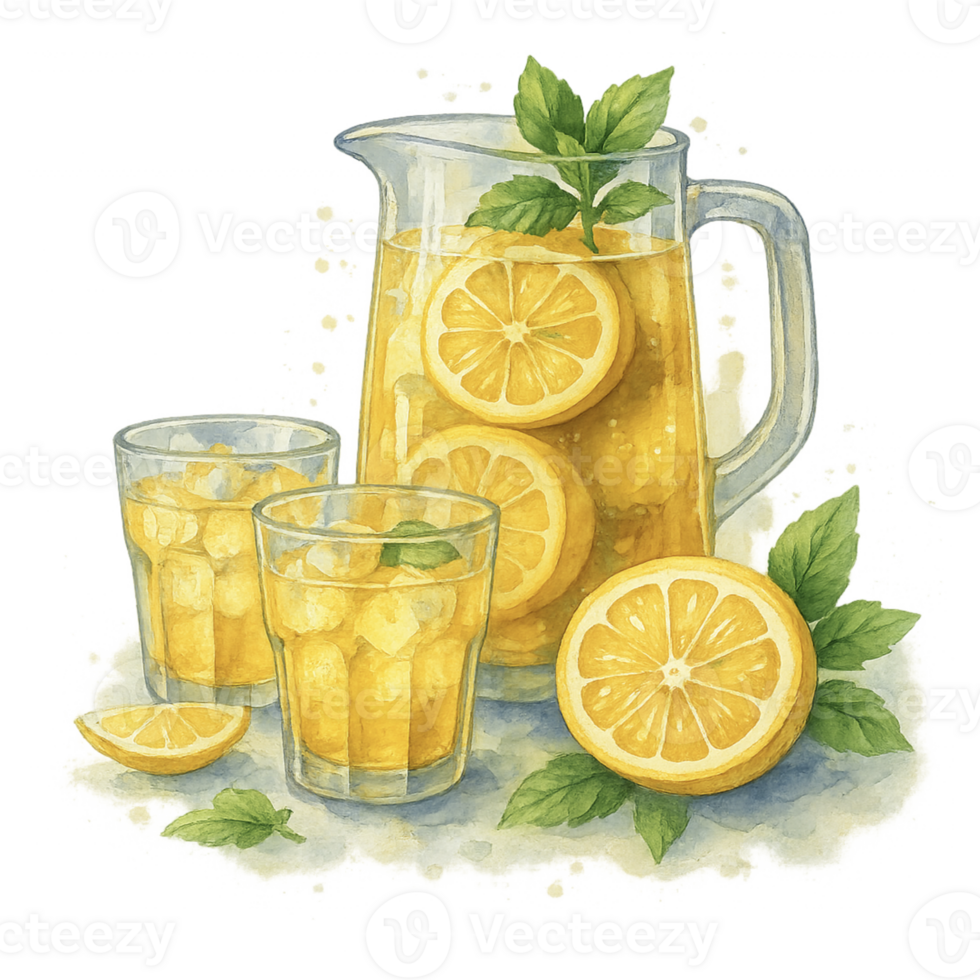 Lemonade in a pitcher and glasses png