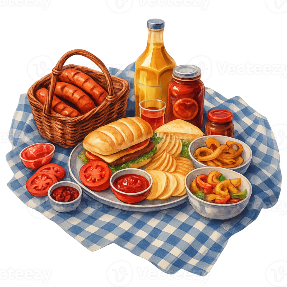 A picnic basket with food and drinks png