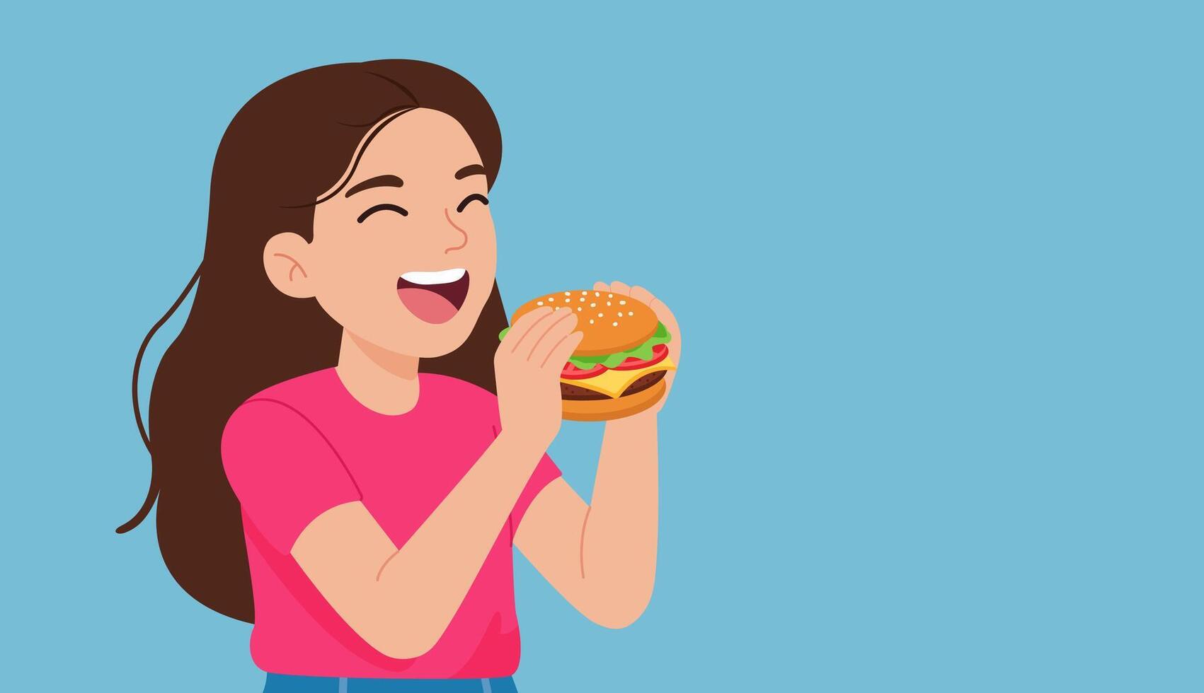 Cheerful cartoon girl in a pink shirt holding a big juicy hamburger. Bright colors, bold outlines, and light blue background create a fun, happy, and appetizing vibe. vector