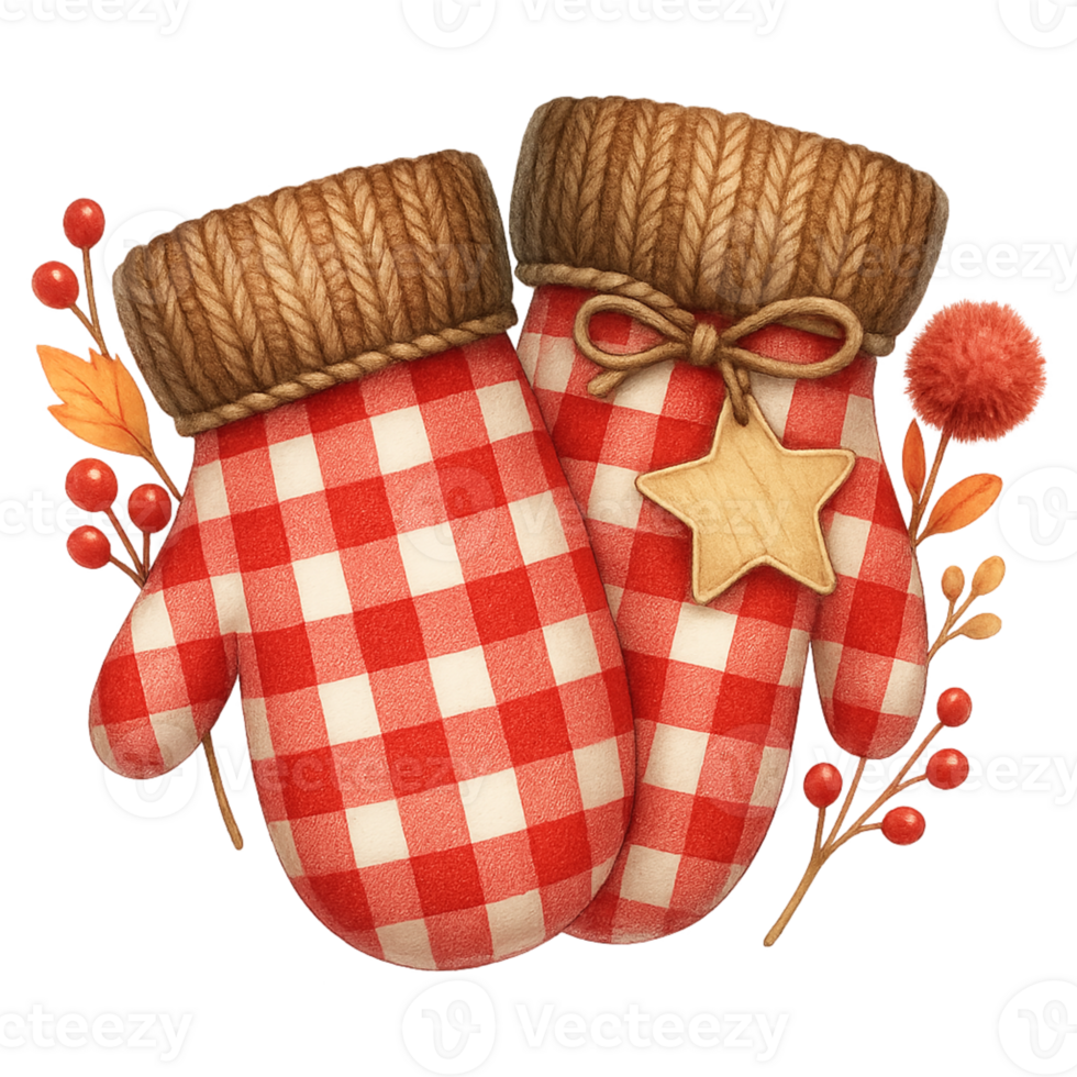 Two mittens with red and white checkered fabric png