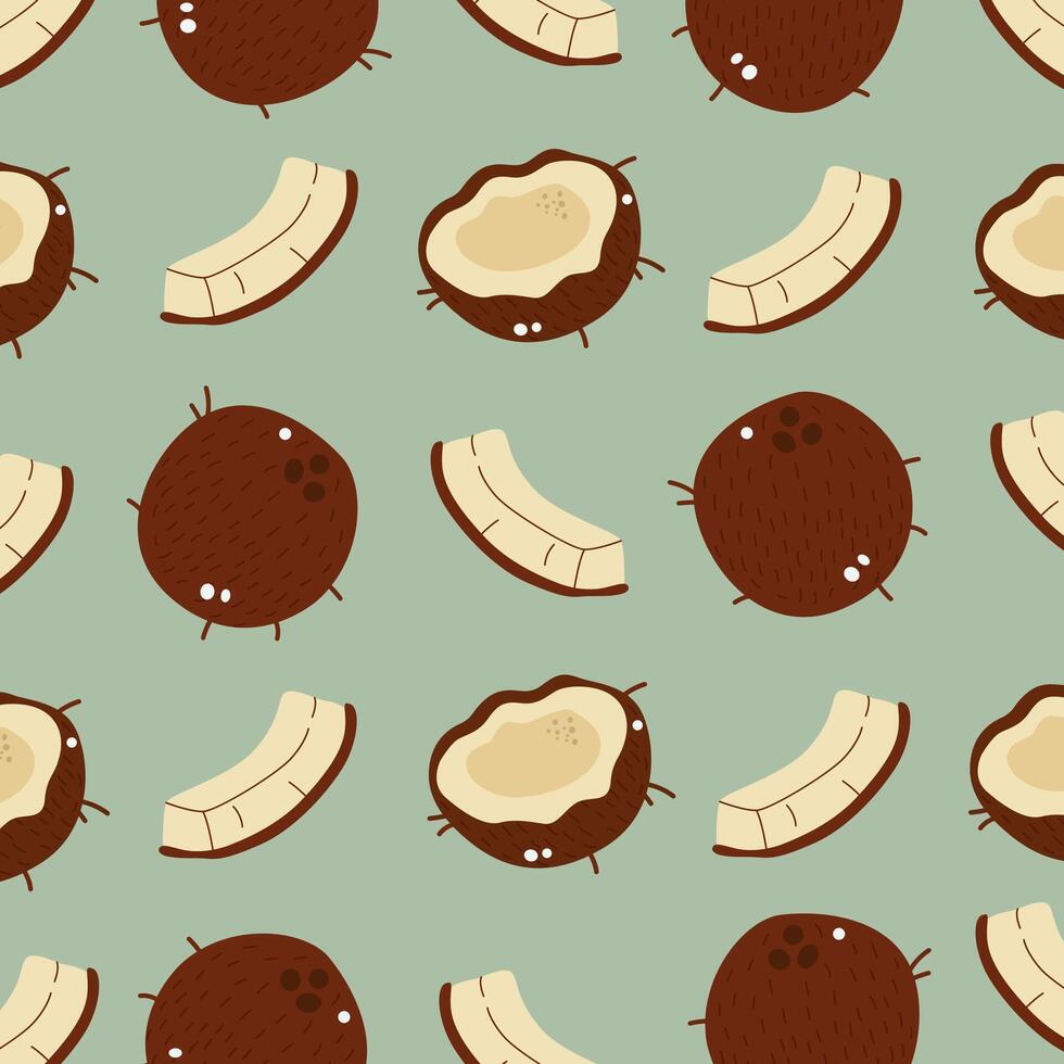 Abstract tropical summer pattern with coconut in cartoon flat style. Design for wallpaper, prints, textile, wrapping paper, background. Hand drawn illustration vector