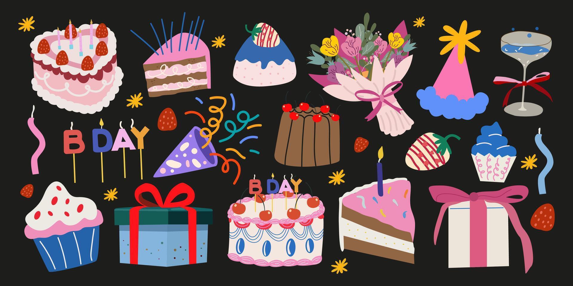 Big set of Happy Birthday elements in doodle retro style. Cartoon birthday stickers for greeting cards, postcards, poster, print, invitation, event. Cakes, gifts, flowers, candles, confetti vector