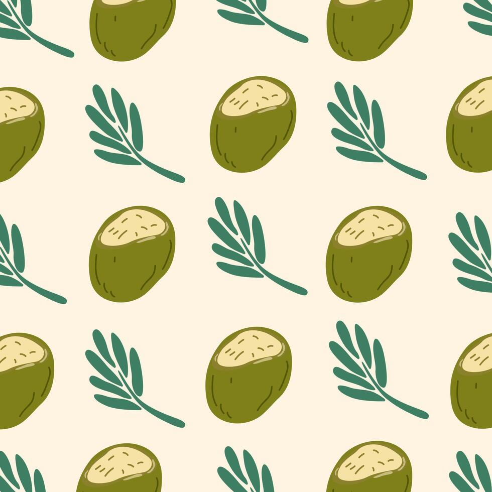 Abstract tropical summer pattern with coconut and leaf in cartoon flat style. Design for wallpaper, prints, textile, wrapping paper, background. Hand drawn illustration vector