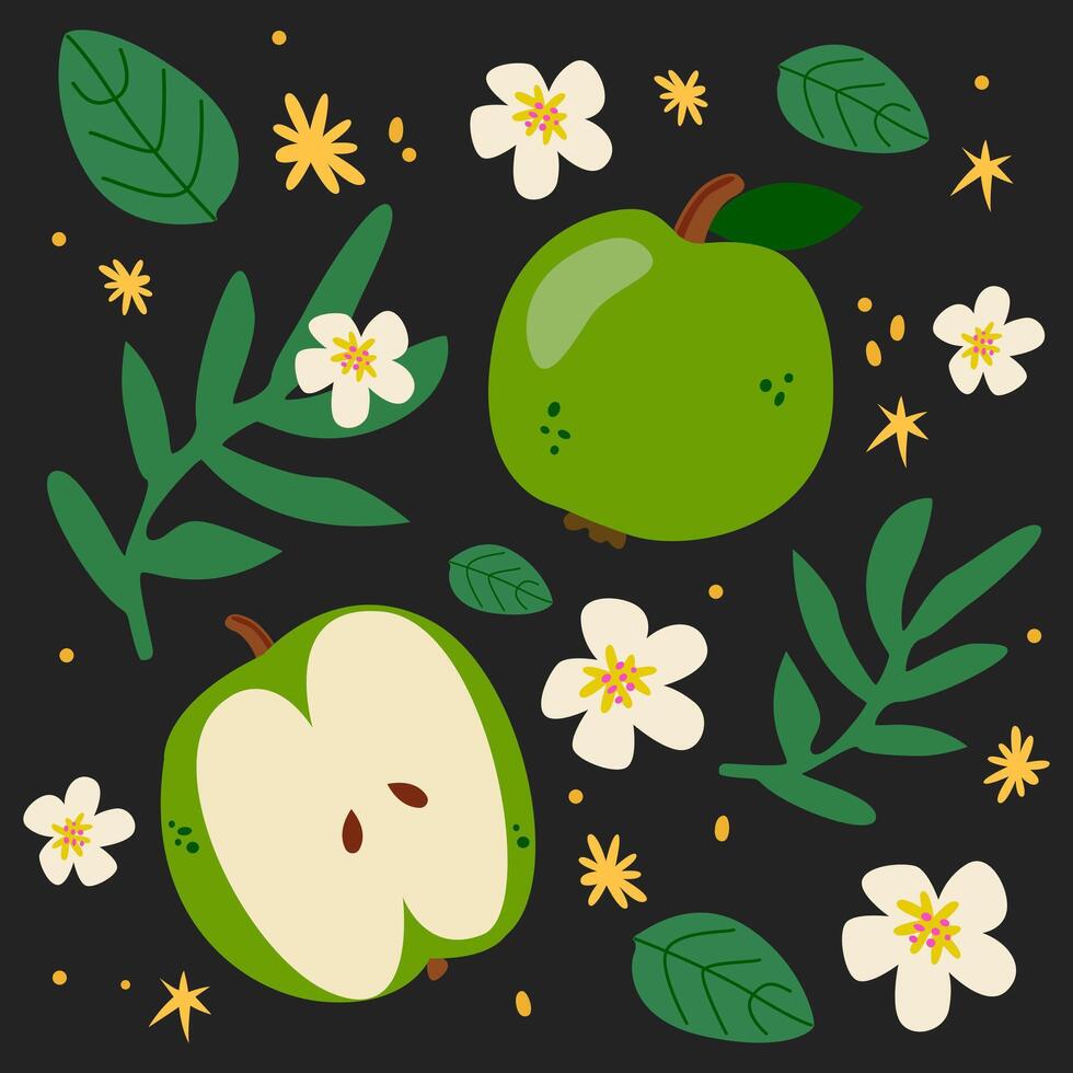 Abstract fruit poster. Modern print with green apple, leaves and white flowers. illustration for wall decor, postcards, prints, pattern, posters, greeting card vector