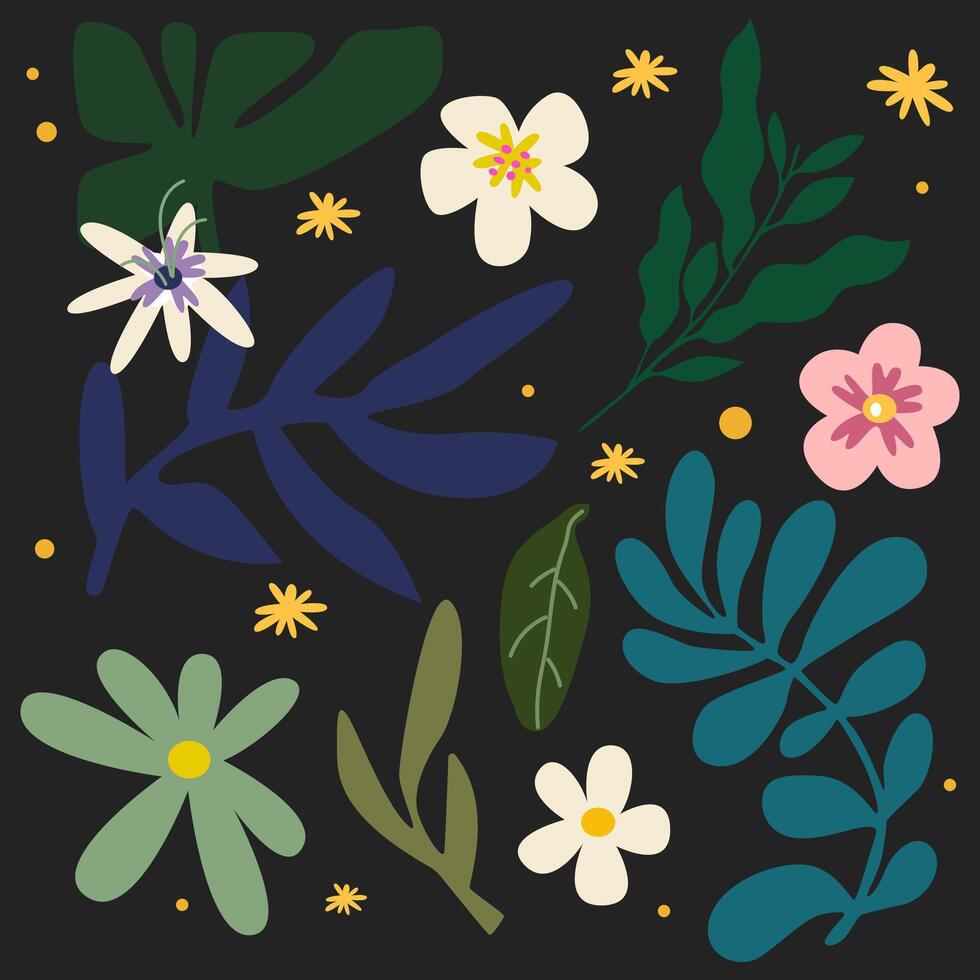 Abstract leaves and flowers background. Botanical design for wallpaper, wall decor, print, postcard, cover, template, banner. illustration on a black background vector