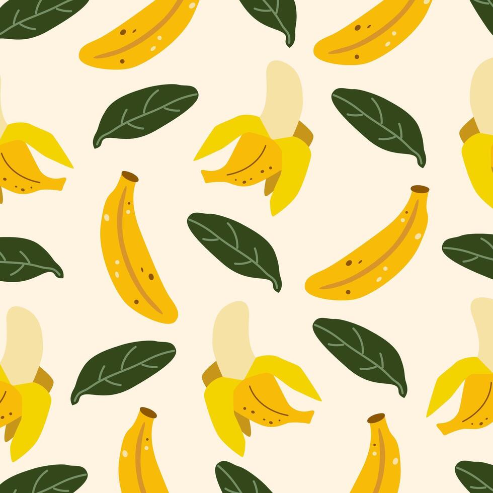 Summer fruits pattern in cartoon flat style. Exotic tasty bananas and leaves. Fruits simple background for prints, textile, wrapping paper, gift card. Hand drawn bananas illustration vector