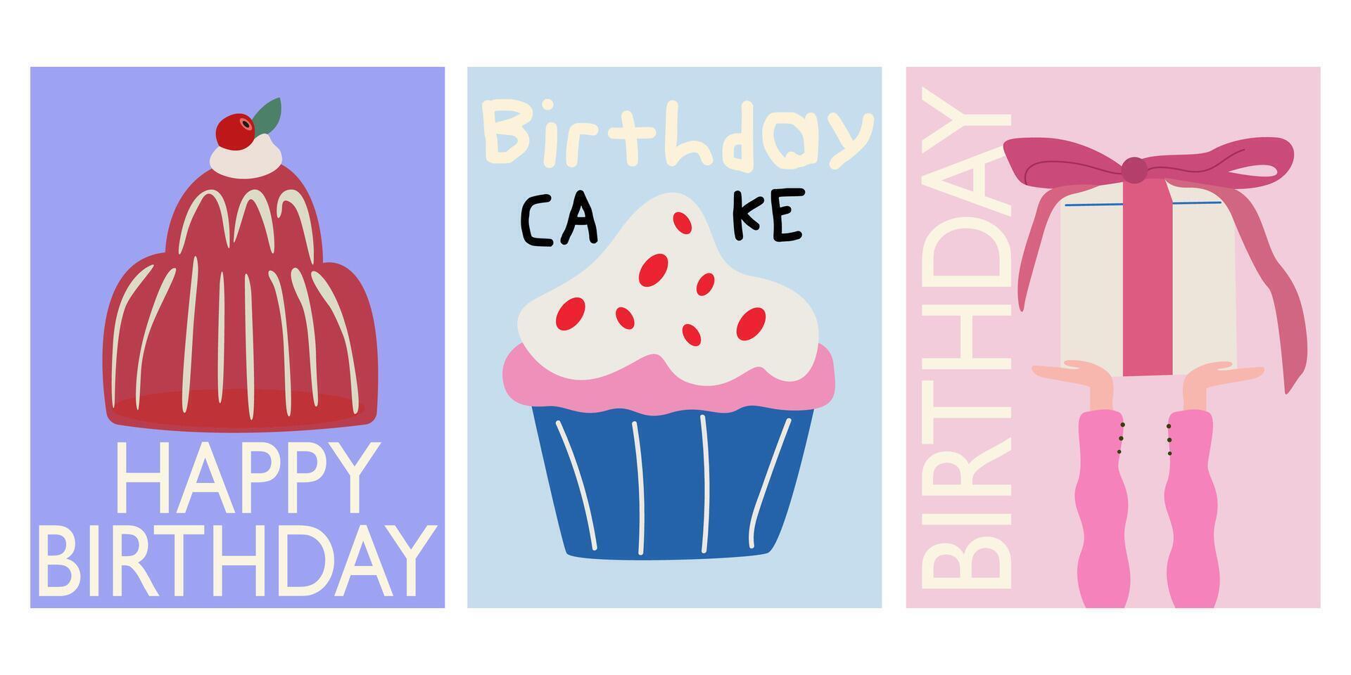 Collection of abstract Birthday posters in cartoon style. Hand drawn modern greeting cards design in doodle retro style. Birthday card with inscription, cake and gift box vector