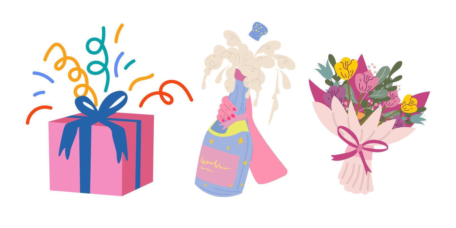 Happy Birthday, holidays stickers in cartoon flat style. Minimalist shapes. Gift, bouquet of flowers, champagne. bright template for party, event, greeting card, stickers, patches vector