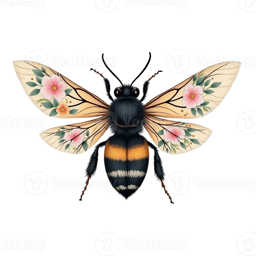 Whimsical Bee with Colorful Flower-Adorned Wings for Boho-Inspired Designs png